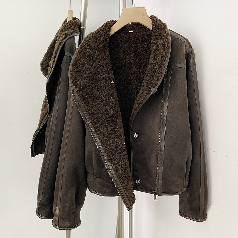 OFTBUY New Women's Faux Suede Shearling Jacket Female Zipper Lapel Collar Warm Autumn Winter Biker Coat Fashion Casual Outerwear
