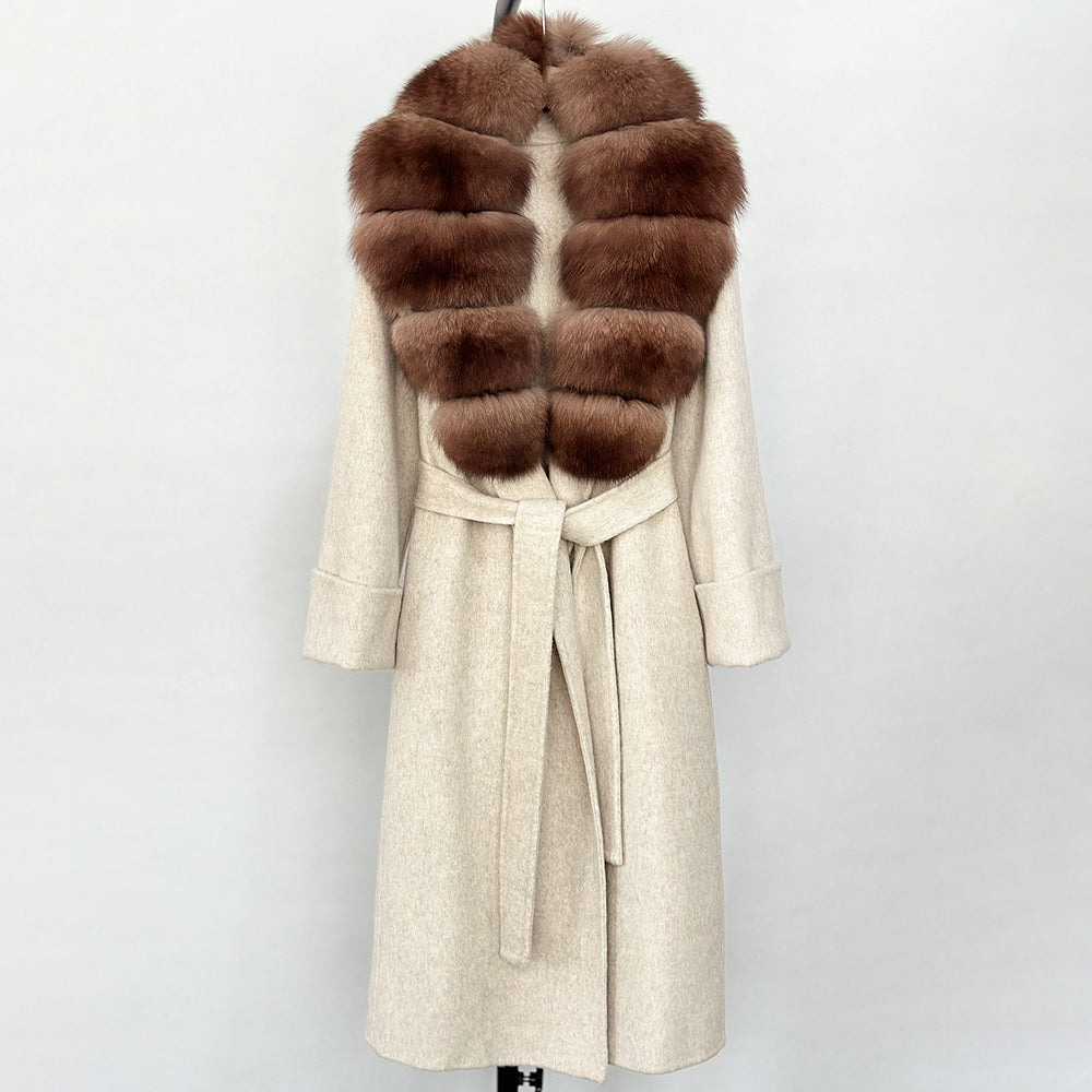 OFTBUY Long Belt 100% Wool Coat with Real Fox Fur Collar Warm Natural Fur Woolen Jacket Female New Autumn Winter Clothing Women
