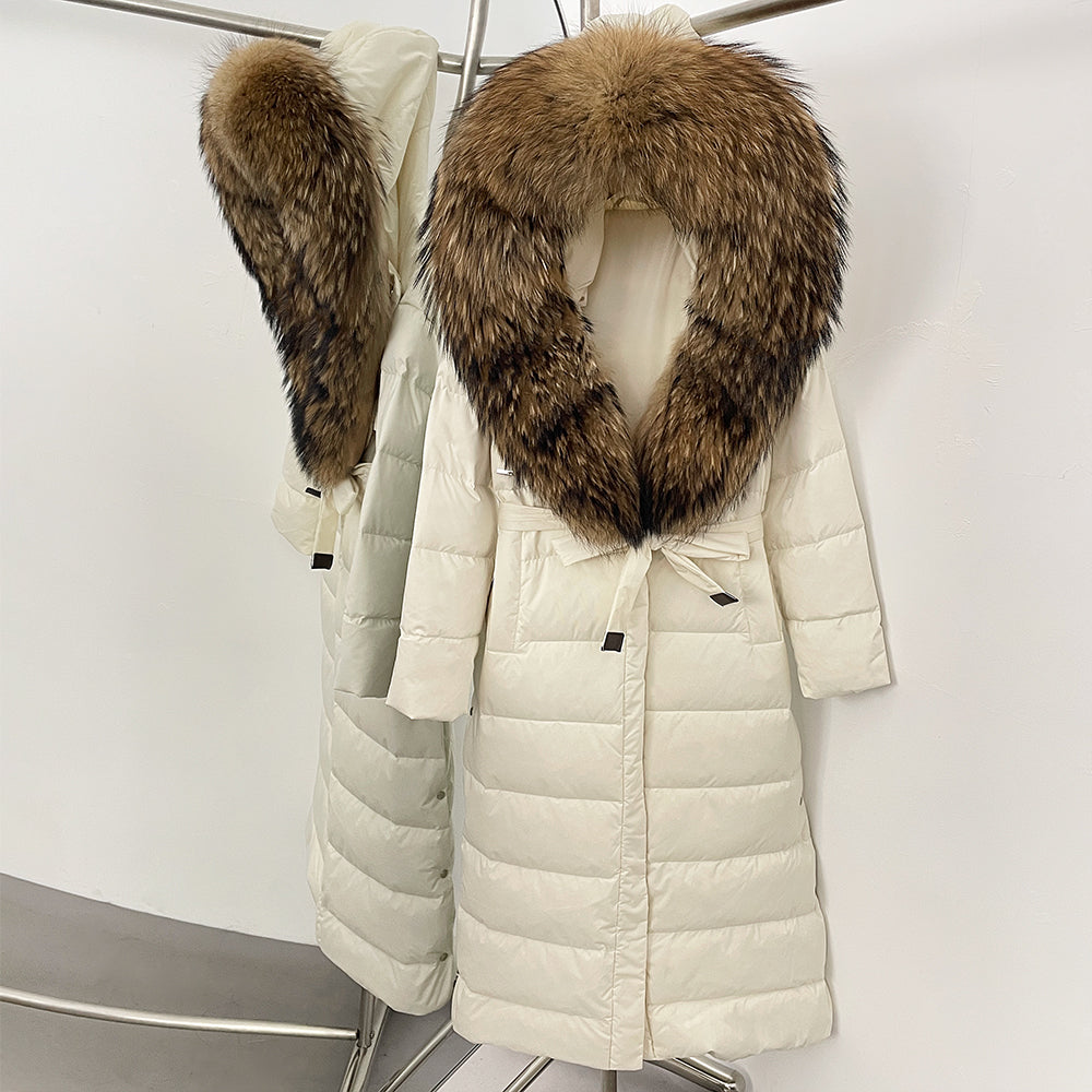OFTBUY Hooded Winter White Duck Down Coat Large Real Fox Fur Collar X-Long Puffer Jacket Women Thick Female Parkas With Belt
