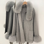 OFTBUY New Women's Wool Coat with Real Fox Fur Collar Cuffs Belted Bow Pockets Warm Winter Elegant Fashion Outerwear Female