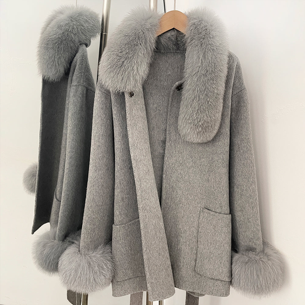 OFTBUY New Women's Wool Coat with Real Fox Fur Collar Cuffs Belted Bow Pockets Warm Winter Elegant Fashion Outerwear Female