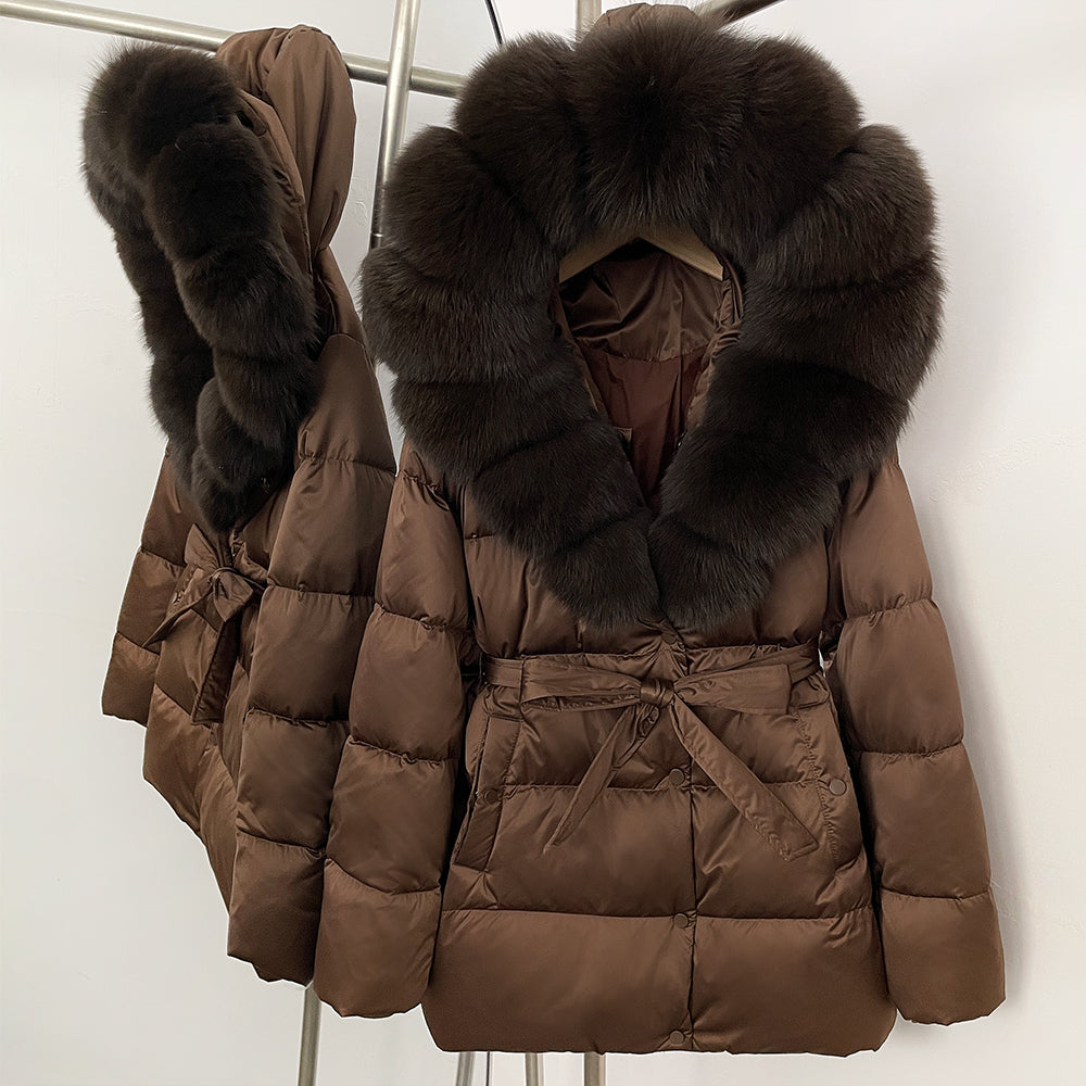 OFTBUY New Women's Duck Down Jacket with Large Real Fox Fur Hood Belted Waist Warm Winter Puffer Coat Lady Luxury Outerwear