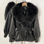 OFTBUY New Women's Faux Leather Jacket with Oversized Faux Fox Fur Elastic Waist Puff Sleeves Coat Luxury Warm Winter Outerwear