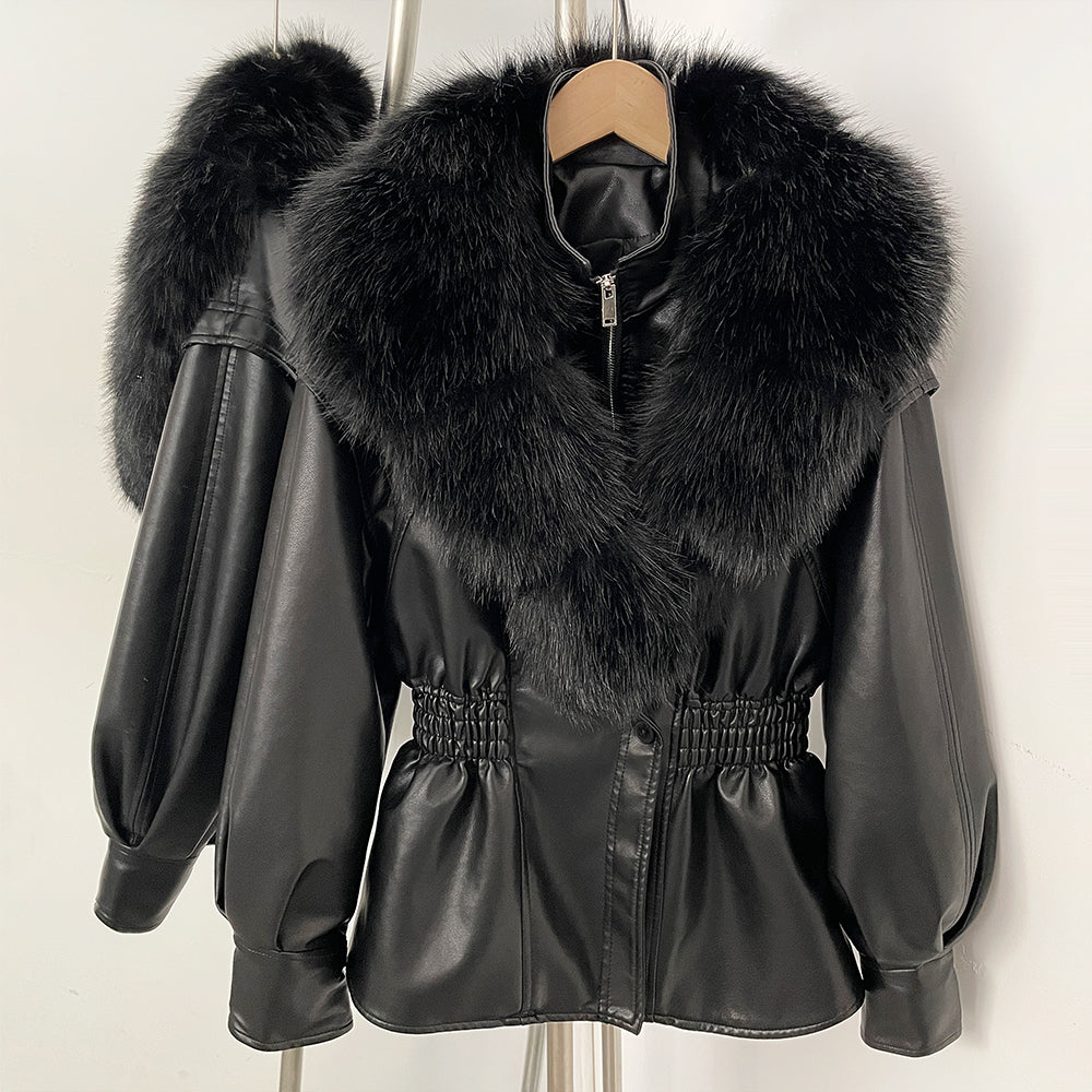 OFTBUY New Women's Faux Leather Jacket with Oversized Faux Fox Fur Elastic Waist Puff Sleeves Coat Luxury Warm Winter Outerwear
