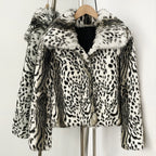 White base mixed leopard print luxury real rabbit fur cropped jacket