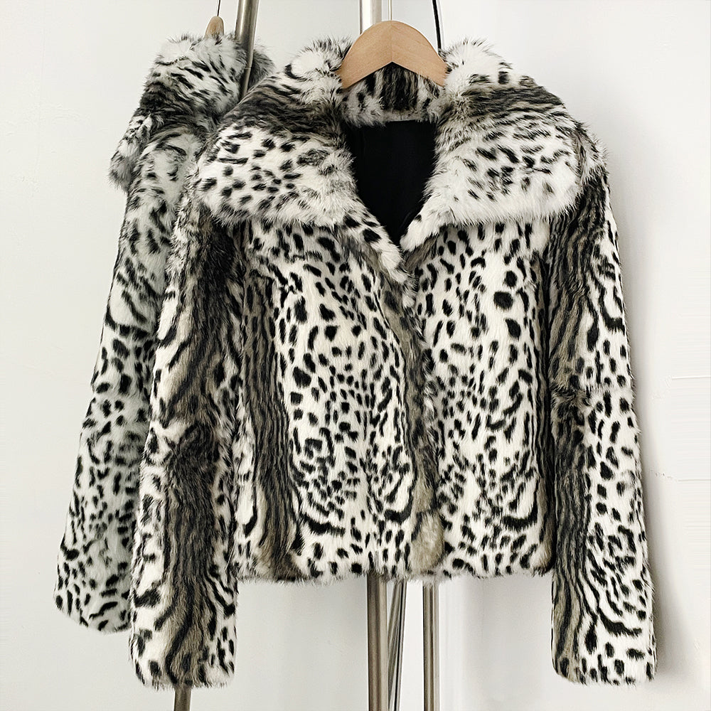 White base mixed leopard print luxury real rabbit fur cropped jacket