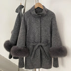OFTBUY High Collar Belt Real Fox Fur Wool Coat Female New Autumn Winter Knitted Sleeves Woolen Clothes Women Alpaca Loose Jacket