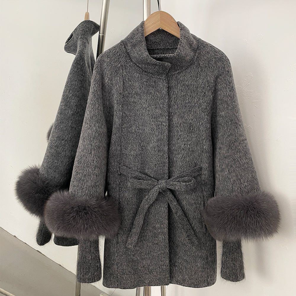 OFTBUY High Collar Belt Real Fox Fur Wool Coat Female New Autumn Winter Knitted Sleeves Woolen Clothes Women Alpaca Loose Jacket