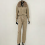 OFTBUY Winter New Women's Knitted Tracksuit Set with Fox Fur Collar Zipper Jacket Wide Leg Pants Luxury Casual Two-Piece Outfit