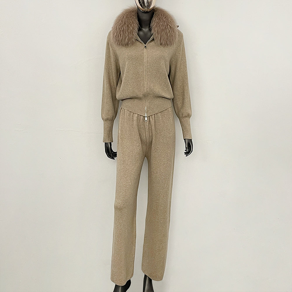OFTBUY Winter New Women's Knitted Tracksuit Set with Fox Fur Collar Zipper Jacket Wide Leg Pants Luxury Casual Two-Piece Outfit