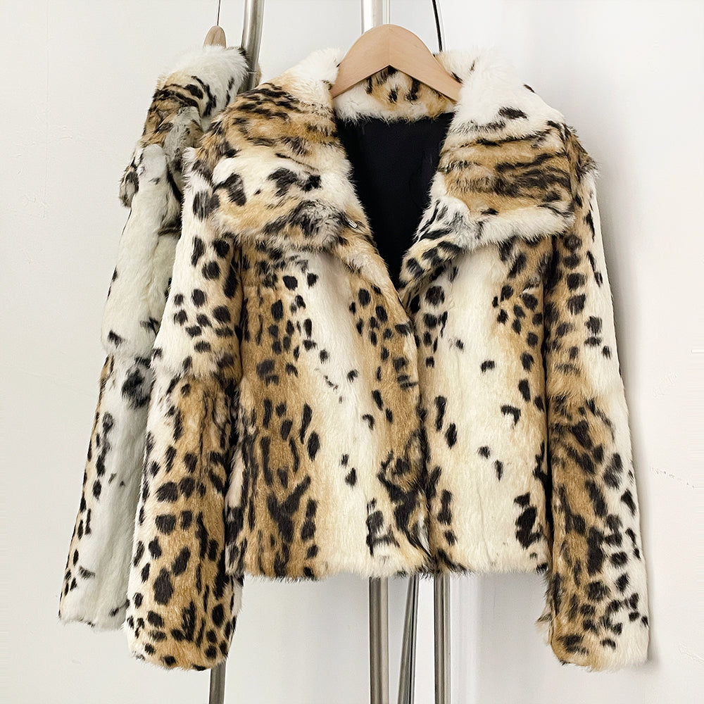  Edgy black tiger leopard mix print full rabbit fur short coat