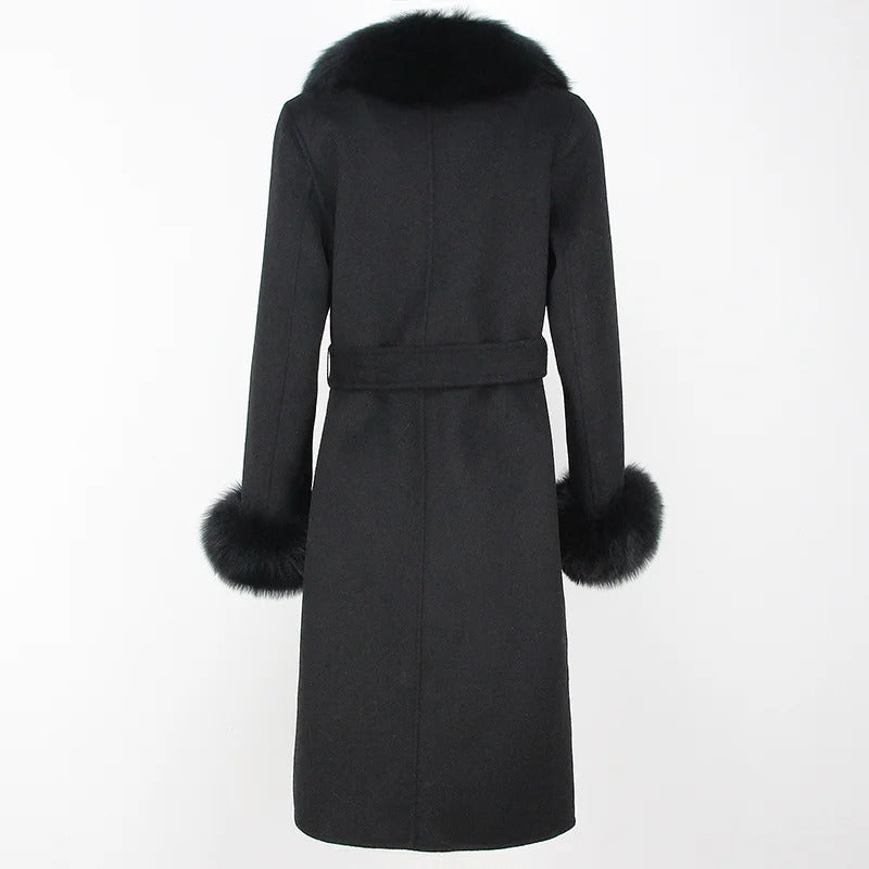 OFTBUY Winter Jacket Women Long Natural Wool Blends Cashmere Real Fur Coat Double Breasted Belt Warm Streetwear New Fashion