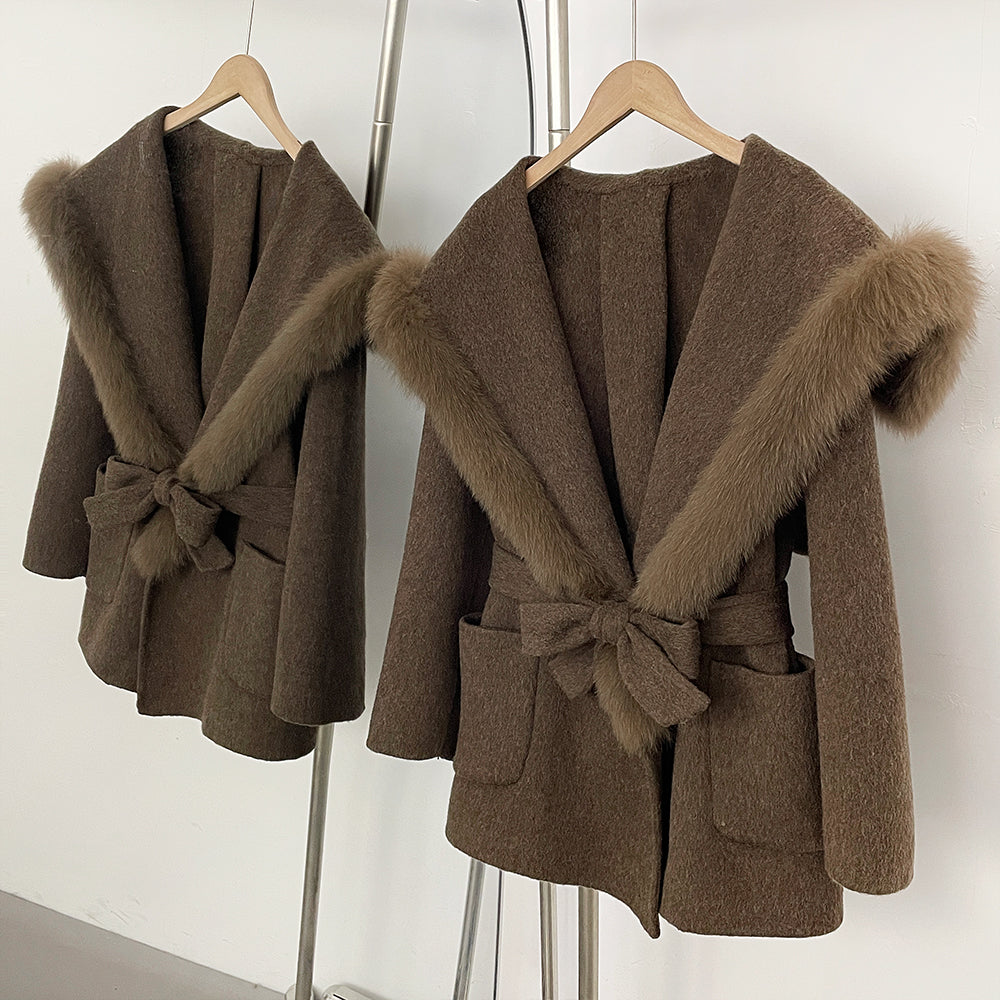 OFTBUY Belt Luxury Fur Navy Collar Warm Jacket Female 100% Wool Coat with Real Fox Fur New Autumn Winter Woolen Colthes Women