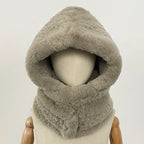OFTBUY New Winter Cute Windproof Real Fur Cycling Cap with Muffler Female Thick Warm Natural Rabbit Fur Bomber Hat Scarf Women