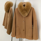 OFTBUY New Women's Wool Coat with Large Real Fox Fur Collar Loose Fit Back Detail Pockets Warm Winter Elegant Fashion Outerwear
