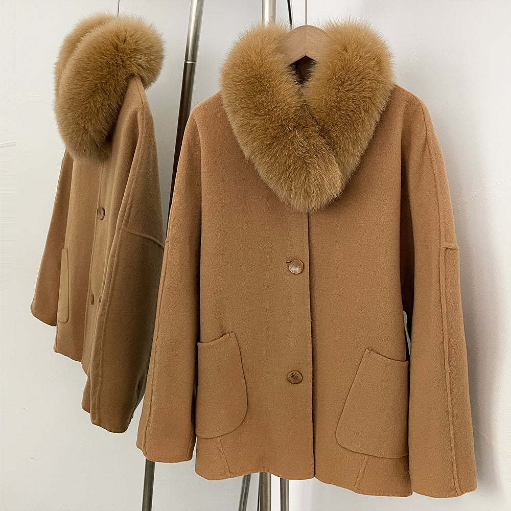 OFTBUY New Women's Wool Coat with Large Real Fox Fur Collar Loose Fit Back Detail Pockets Warm Winter Elegant Fashion Outerwear