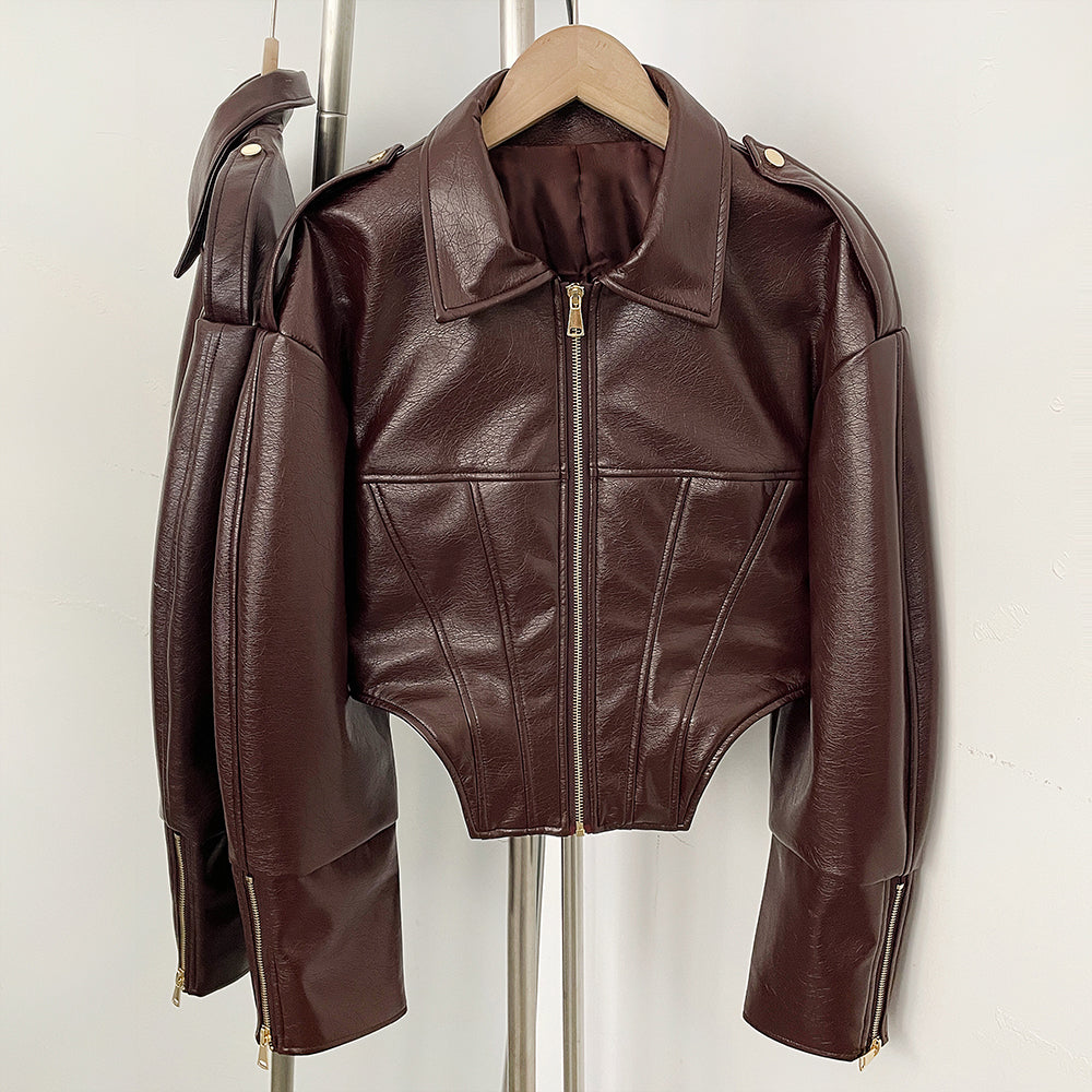 OFTBUY Casual Lapel Sleeve Zipper Fishbone Coats Lady Daily High Street Coat Women's Retro Cinched-waist Coated Leather Jacket