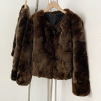 OFTBUY Women's Brown Patchwork Real Rex Rabbit Fur Short Coat V-Neck Open Front Fur Jacket Female New Autumn Winter Outerwear