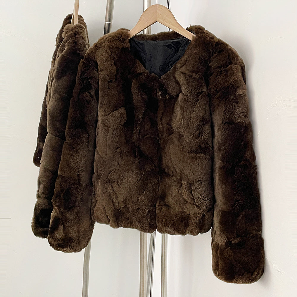 OFTBUY Women's Brown Patchwork Real Rex Rabbit Fur Short Coat V-Neck Open Front Fur Jacket Female New Autumn Winter Outerwear