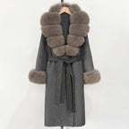OFTBUY New Women's Double-Faced Wool Coat with Large Real Fox Fur Belted Warm Winter Luxury Fashion Outerwear Woolen Jacket Lady