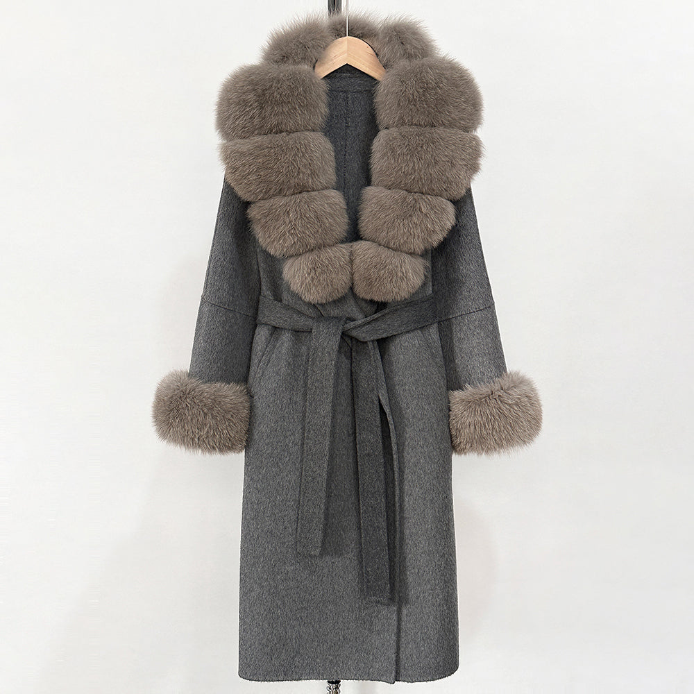 OFTBUY New Women's Double-Faced Wool Coat with Large Real Fox Fur Belted Warm Winter Luxury Fashion Outerwear Woolen Jacket Lady