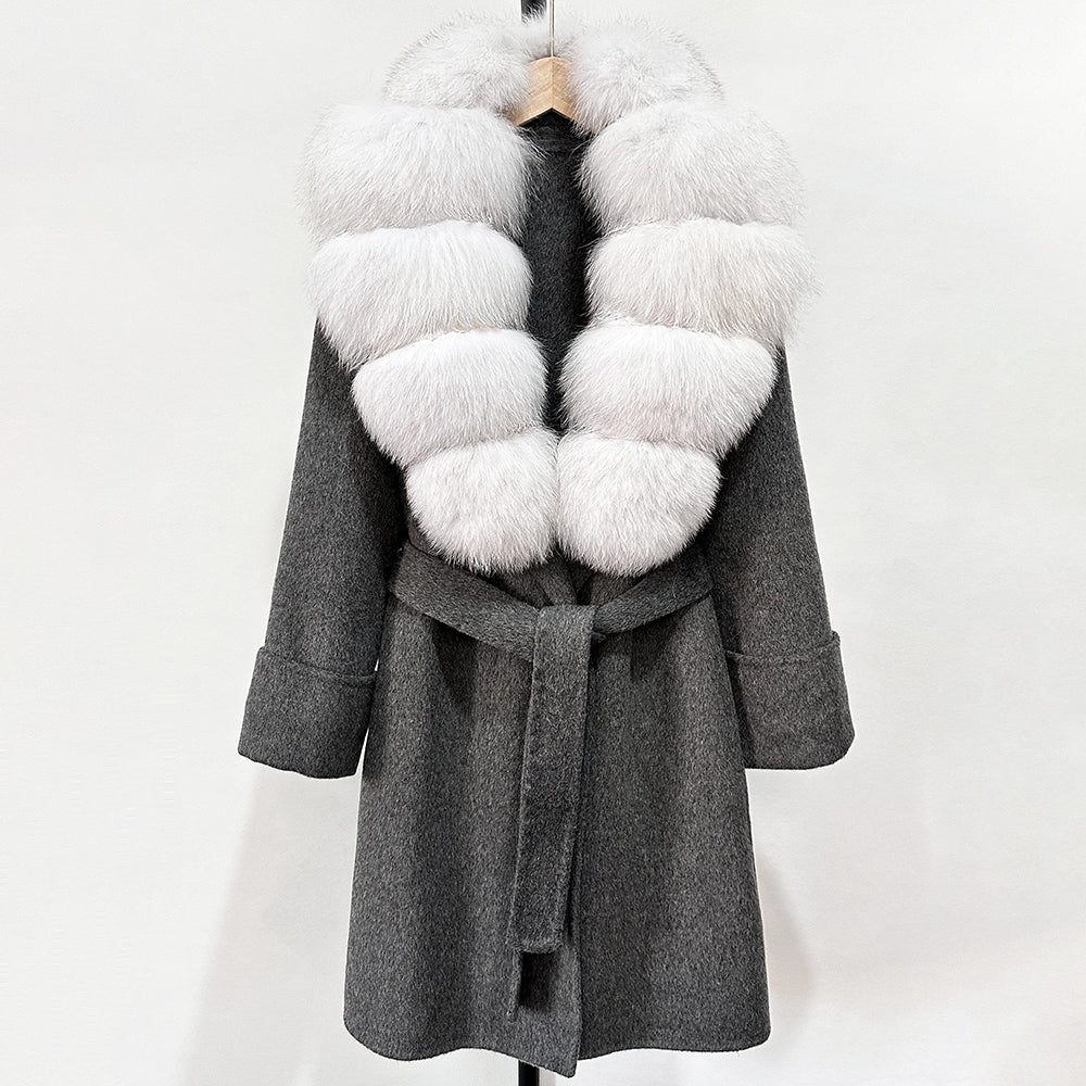 OFTBUY Natural Real Fox Fur Wool Blends Coat Women New Belt Pocket Winter Jacket Female Loose Woolen Outerwear Streetwear