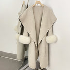 OFTBUY Belt Real Fox Fur Cuffs Elegant Warm Winter Outerwear lady New Women's Long Double-Faced Wool Coat Oversized Lapel Collar