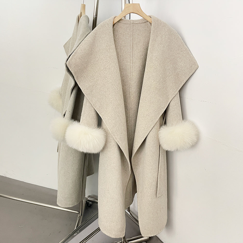OFTBUY Belt Real Fox Fur Cuffs Elegant Warm Winter Outerwear lady New Women's Long Double-Faced Wool Coat Oversized Lapel Collar
