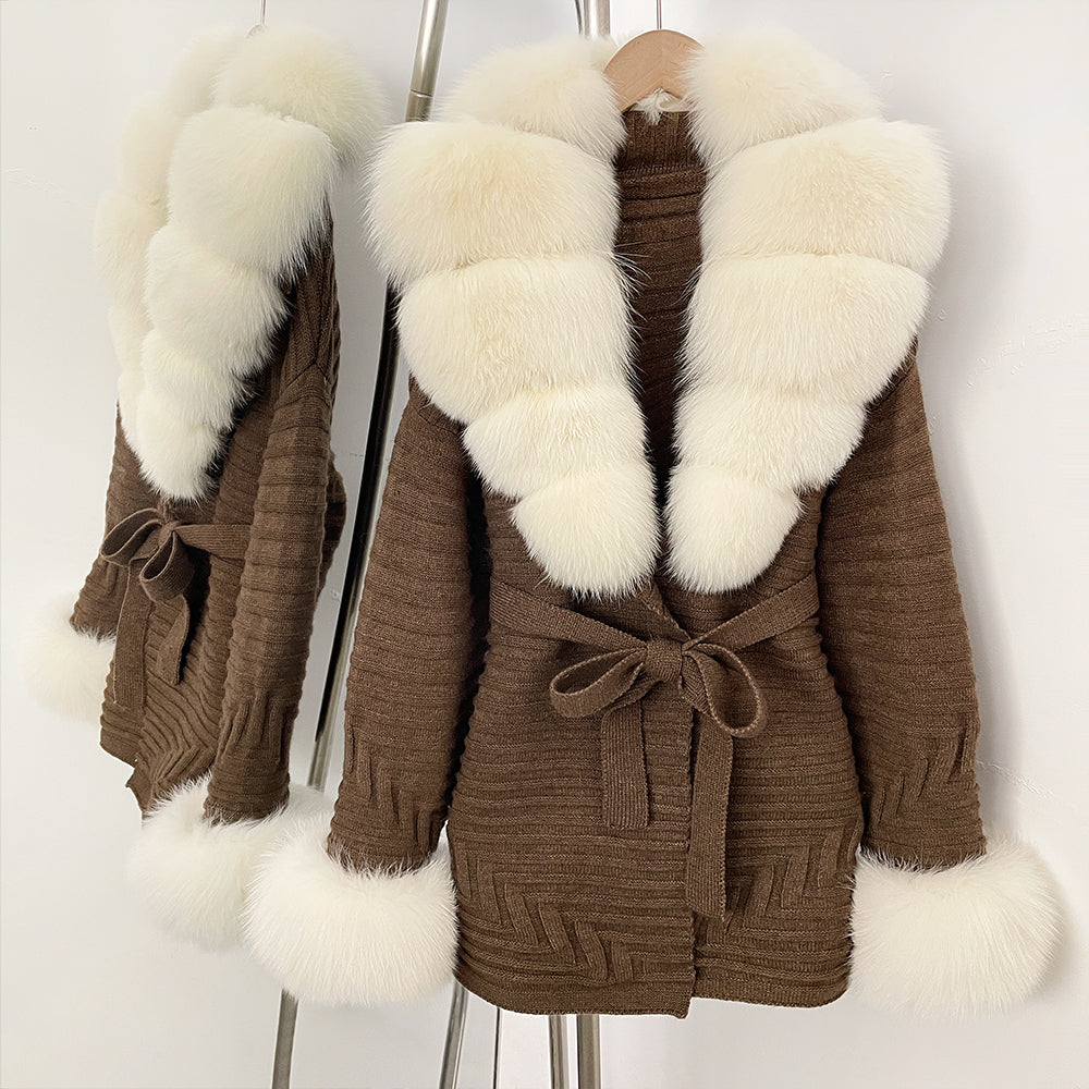 OFTBUY Belted Waist Striped Texture Pockets New Women's Knit Coat with Large Real Fox Fur Collar Winter Luxury Elegant Outerwear
