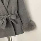 OFTBUY 100% Wool Wrap Belted Short Coat - Wide Shawl Lapel Real Fox Fur Cuff Luxury Double Sided Wool Jacket