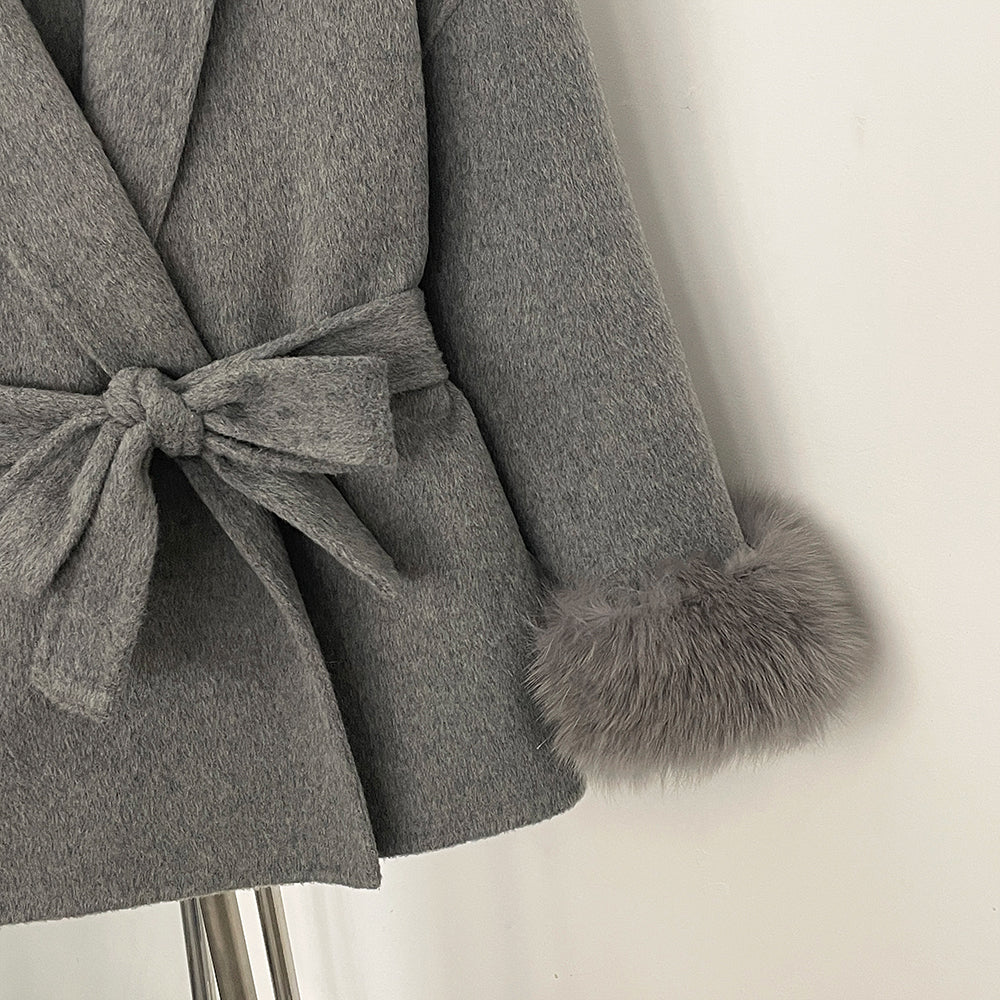 OFTBUY 100% Wool Wrap Belted Short Coat - Wide Shawl Lapel Real Fox Fur Cuff Luxury Double Sided Wool Jacket