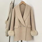 OFTBUY New Women's Wool Coat with Real Fox Fur Cuffs Double Breasted Diamond Button Lapel Winter Elegant Outerwear Female