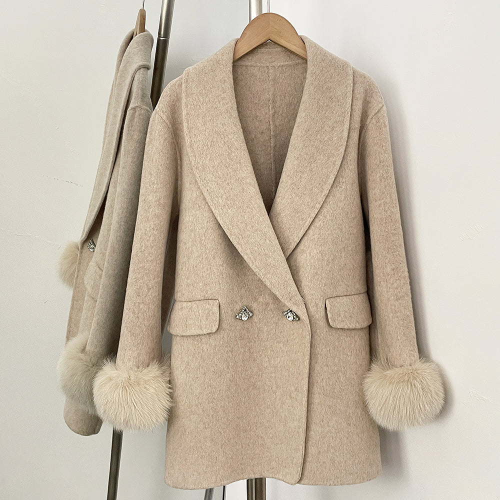 OFTBUY New Women's Wool Coat with Real Fox Fur Cuffs Double Breasted Diamond Button Lapel Winter Elegant Outerwear Female