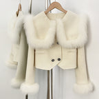 OFTBUY Double Buttons Pockets Warm Winter Elegant Outerwear New Women's Wool Cropped Jacket with Large Real Fox Fur Collar Cuffs