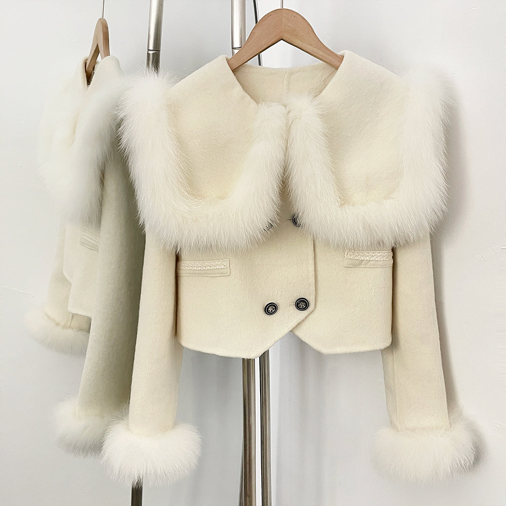 OFTBUY Double Buttons Pockets Warm Winter Elegant Outerwear New Women's Wool Cropped Jacket with Large Real Fox Fur Collar Cuffs