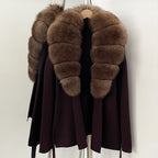 OFTBUY New Autumn Winter Luxury Fashion Outerwear Lady Women's Knit Coat with Large Real Fox Fur Collar Belt Textured Knit Warm