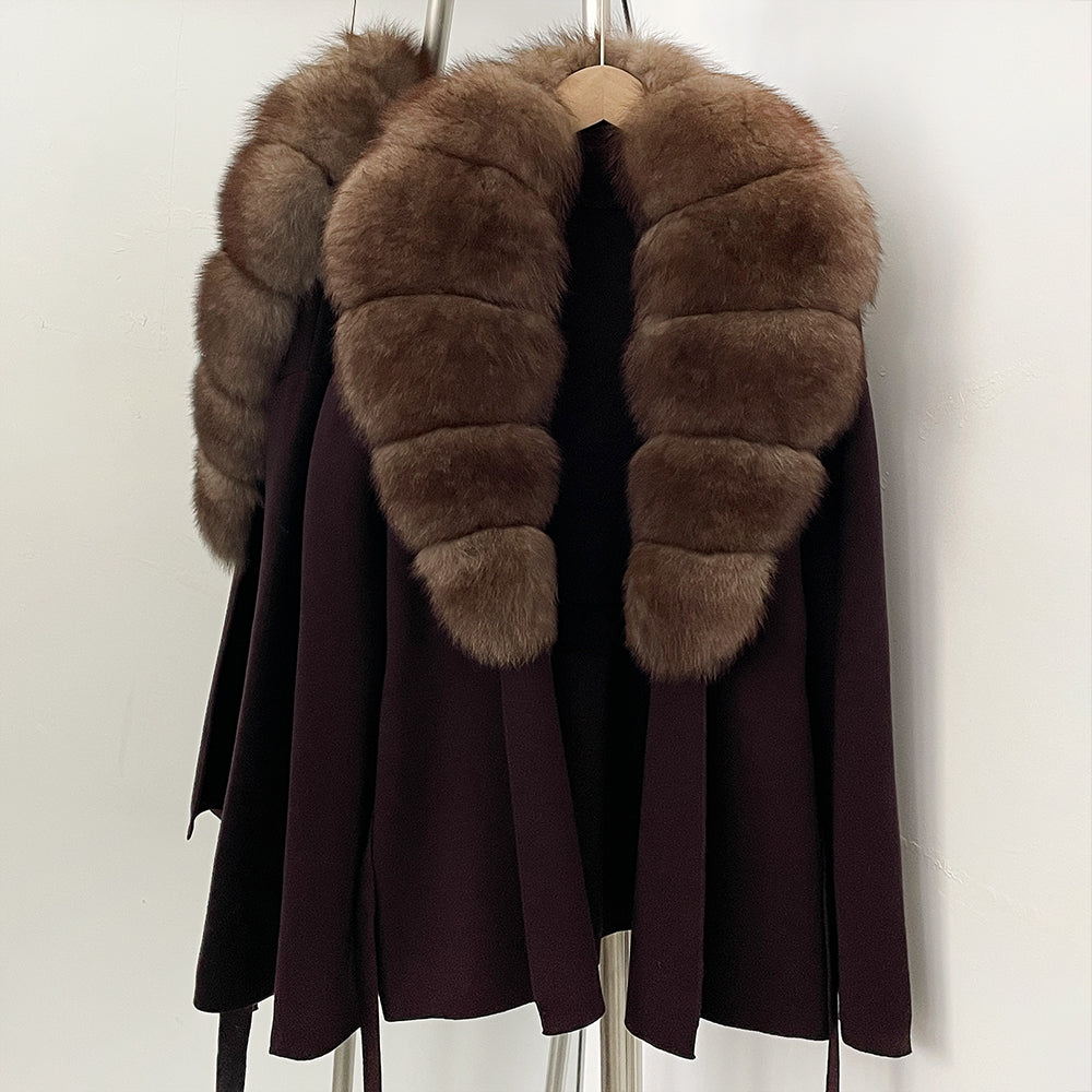 OFTBUY New Autumn Winter Luxury Fashion Outerwear Lady Women's Knit Coat with Large Real Fox Fur Collar Belt Textured Knit Warm
