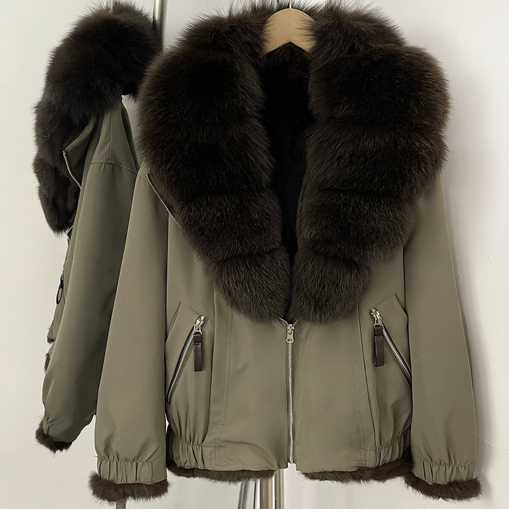 OFTBUY Luxury Real Fox Fur Collar Parka - Premium Real Rabbit Fur Lined Bomber Jacket for Extreme Cold