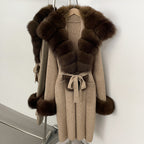 OFTBUY Fashion Warm Belt Real Fox Fur Cardigan New Natural Fur Collar Long Knit Jacket Women Atrumn Winter Top Clothing Female