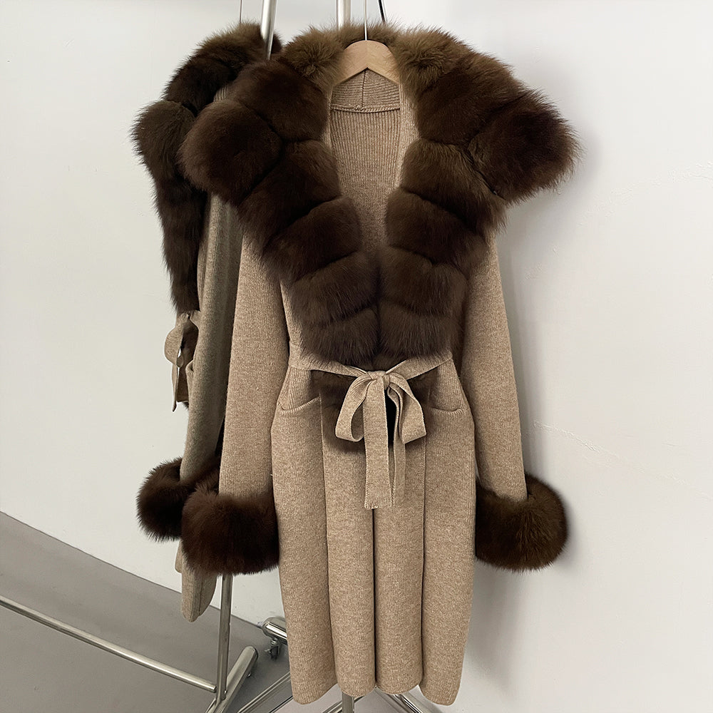 OFTBUY Fashion Warm Belt Real Fox Fur Cardigan New Natural Fur Collar Long Knit Jacket Women Atrumn Winter Top Clothing Female