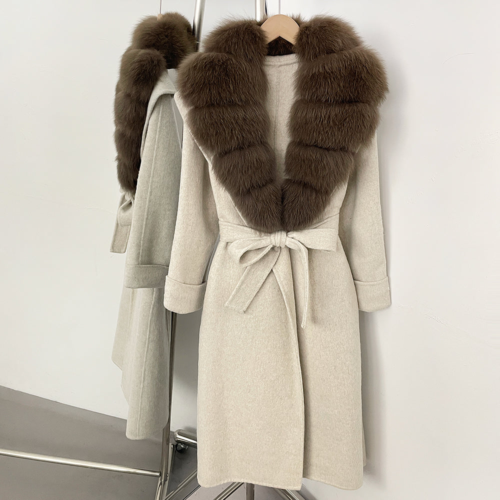 OFTBUY Belted Elegant Warm Outerwear Coat Female Women's Luxury Double-Faced Wool Jacket Winter Oversized Real Fox Fur Collar