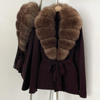 OFTBUY New Autumn Winter Luxury Fashion Outerwear Lady Women's Knit Coat with Large Real Fox Fur Collar Belt Textured Knit Warm