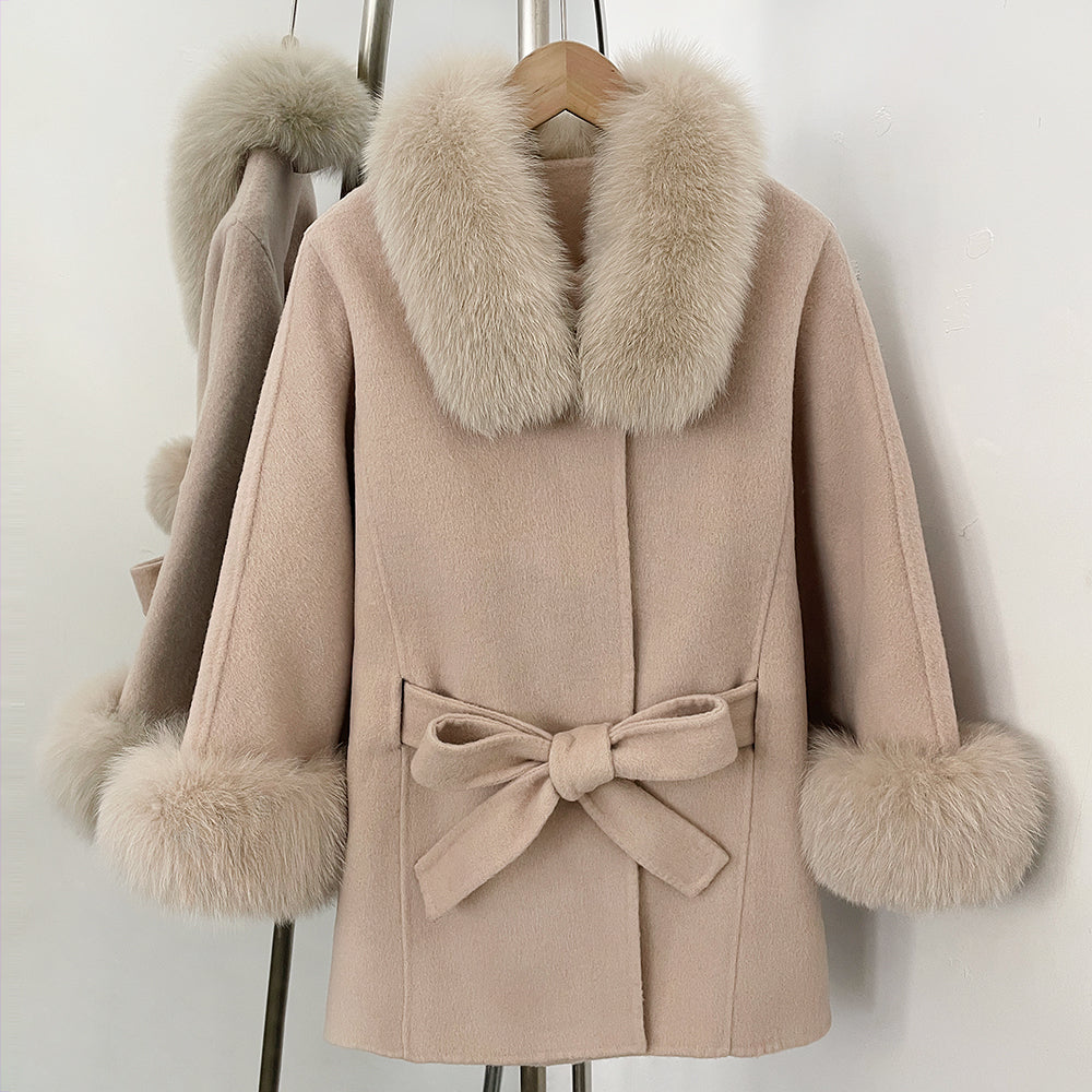 OFTBUY New Autumn Winter Top Clothes Women Fashion Warm Belt Real Fox Fur Double-Faced Wool Capr Jacket Female Loose Woolen Coat