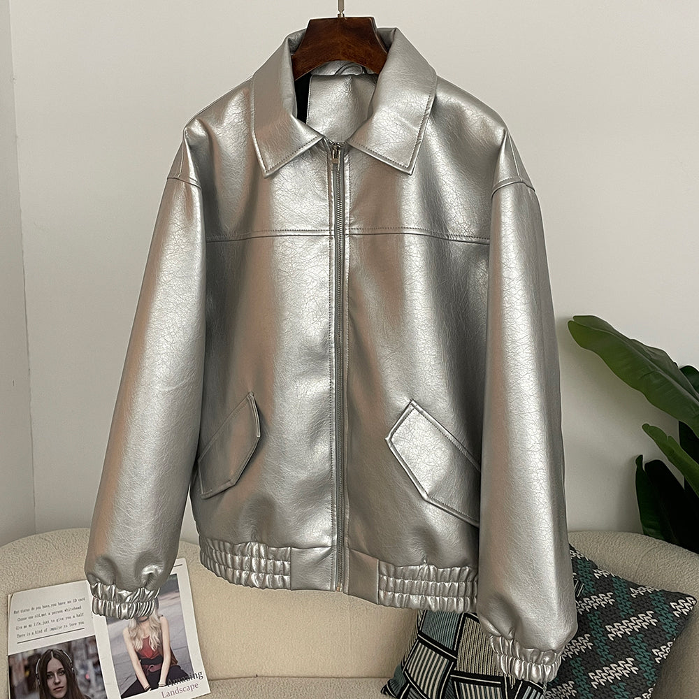 OFTBUY Women's Faux Leather Zip Up Jacket Lapel Collar PU Coat with Pockets new autumn winter Casual Vintage Outerwear female