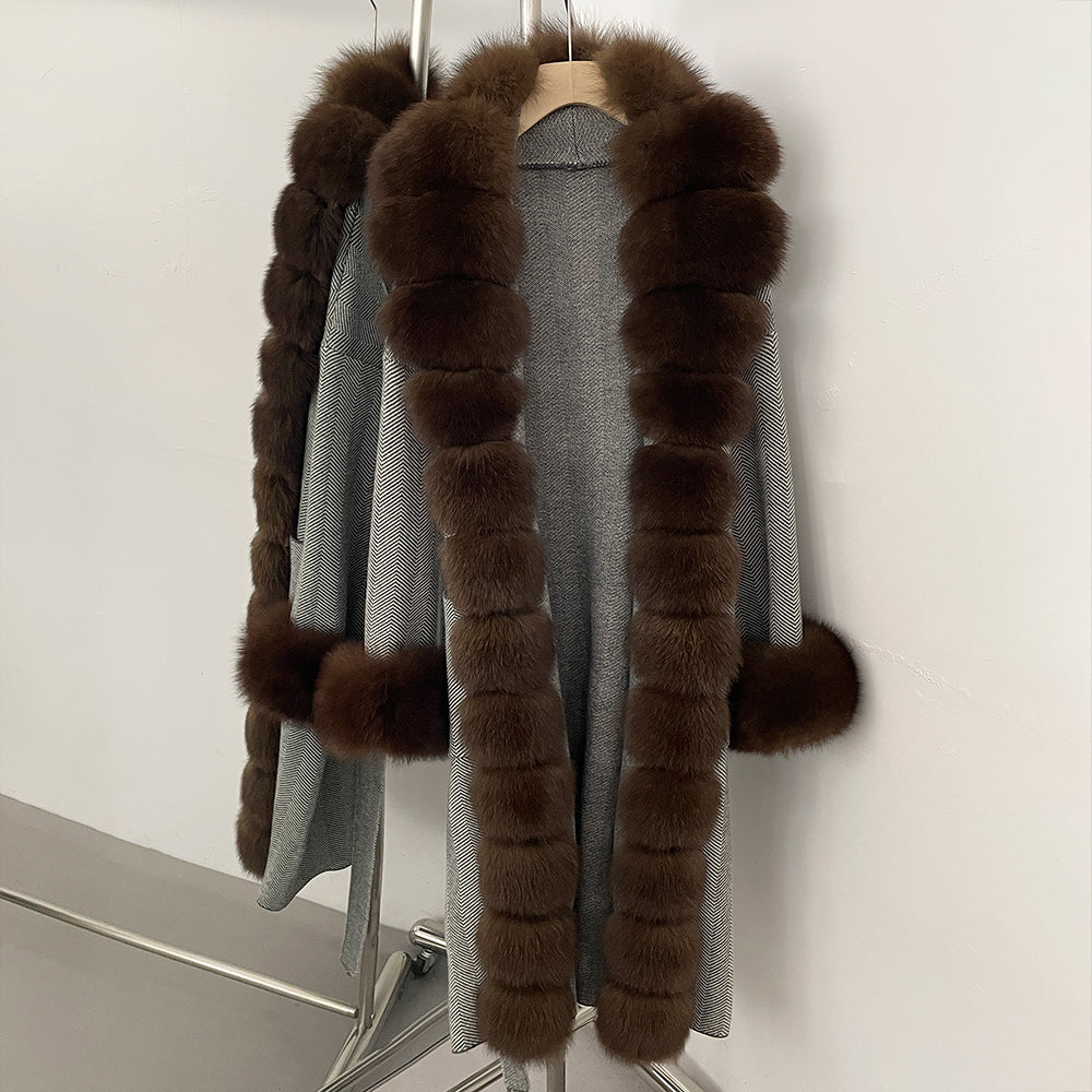 OFTBUY Trim Belted Warm Winter Coat Elegant Fashion Outerwear Female Long Sweater New Women's Knit Coat with Full Real Fox Fur