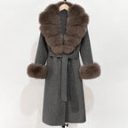 OFTBUY Fashion Warm Woolen Jacket with Real Fox Fur Collar and Cuffs New Autumn Winter Wool Clothing Women Long Belt Outerwear