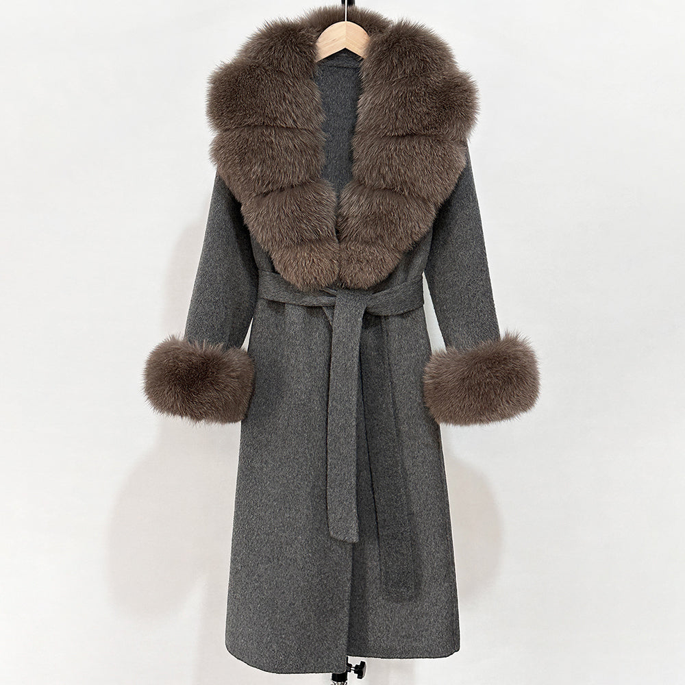 OFTBUY Fashion Warm Woolen Jacket with Real Fox Fur Collar and Cuffs New Autumn Winter Wool Clothing Women Long Belt Outerwear