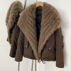 OFTBUY Luxury Wide Real Fox Fur Collar 90% Duck Down Short Parka Jacket - Cargo Pocket Windproof Down Coat