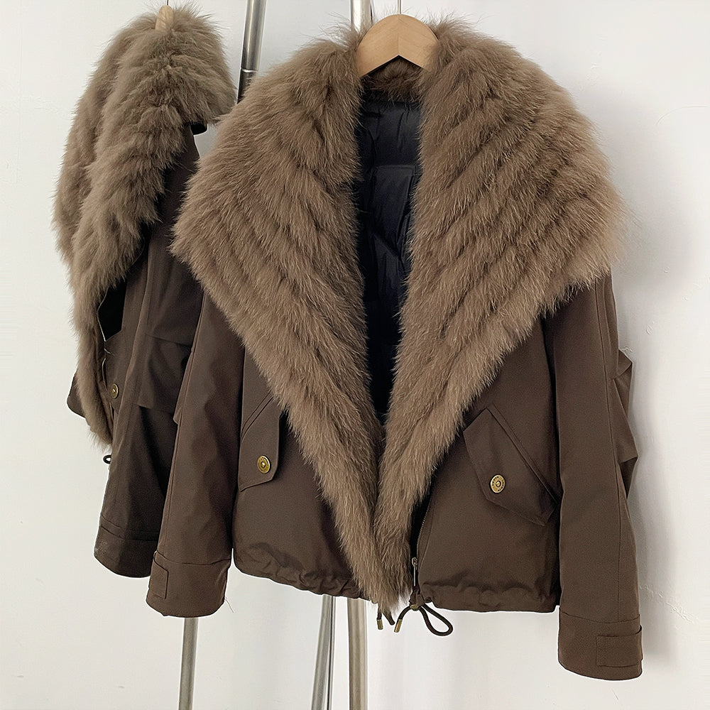 OFTBUY Luxury Wide Real Fox Fur Collar 90% Duck Down Short Parka Jacket - Cargo Pocket Windproof Down Coat