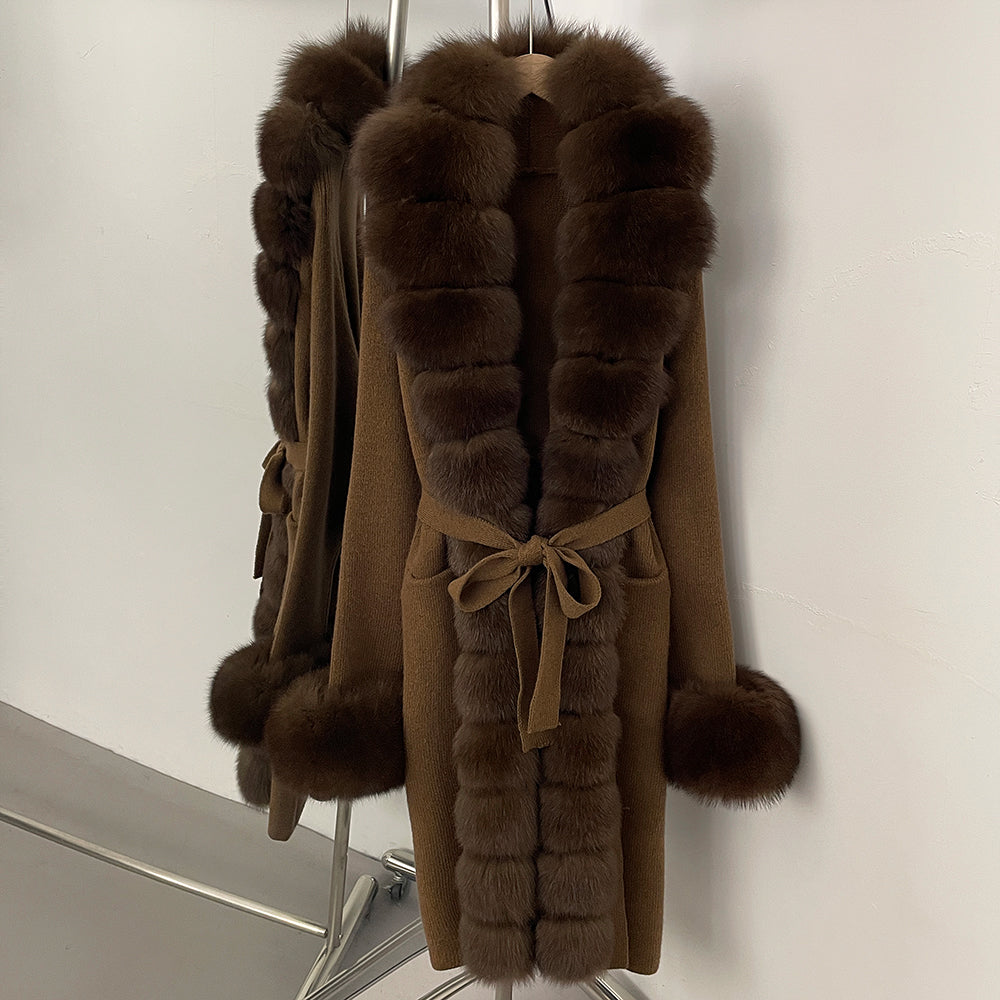 OFTBUY Cardigan Sweater New Women's Knit Long Coat with Full Real Fox Fur Belted Pockets Warm Winter Elegant Fashion Outerwear